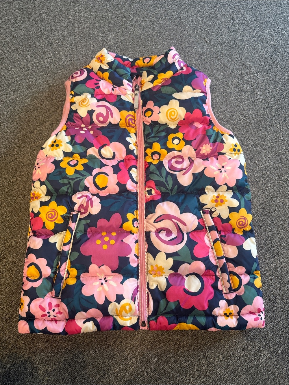 Hanna Andersson Navy Floral Puffer Vest with Pink & Yellow Blooms